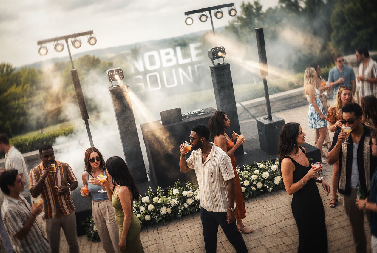 Invitados con bebidas en una activación al aire libre con cabina de sonido