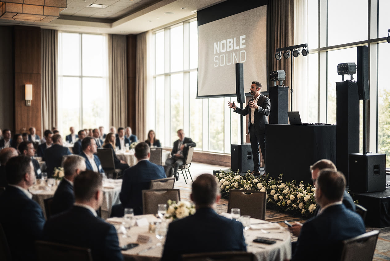 Ponente con micrófono ante un salón de empresa con sonido de Noble Sound