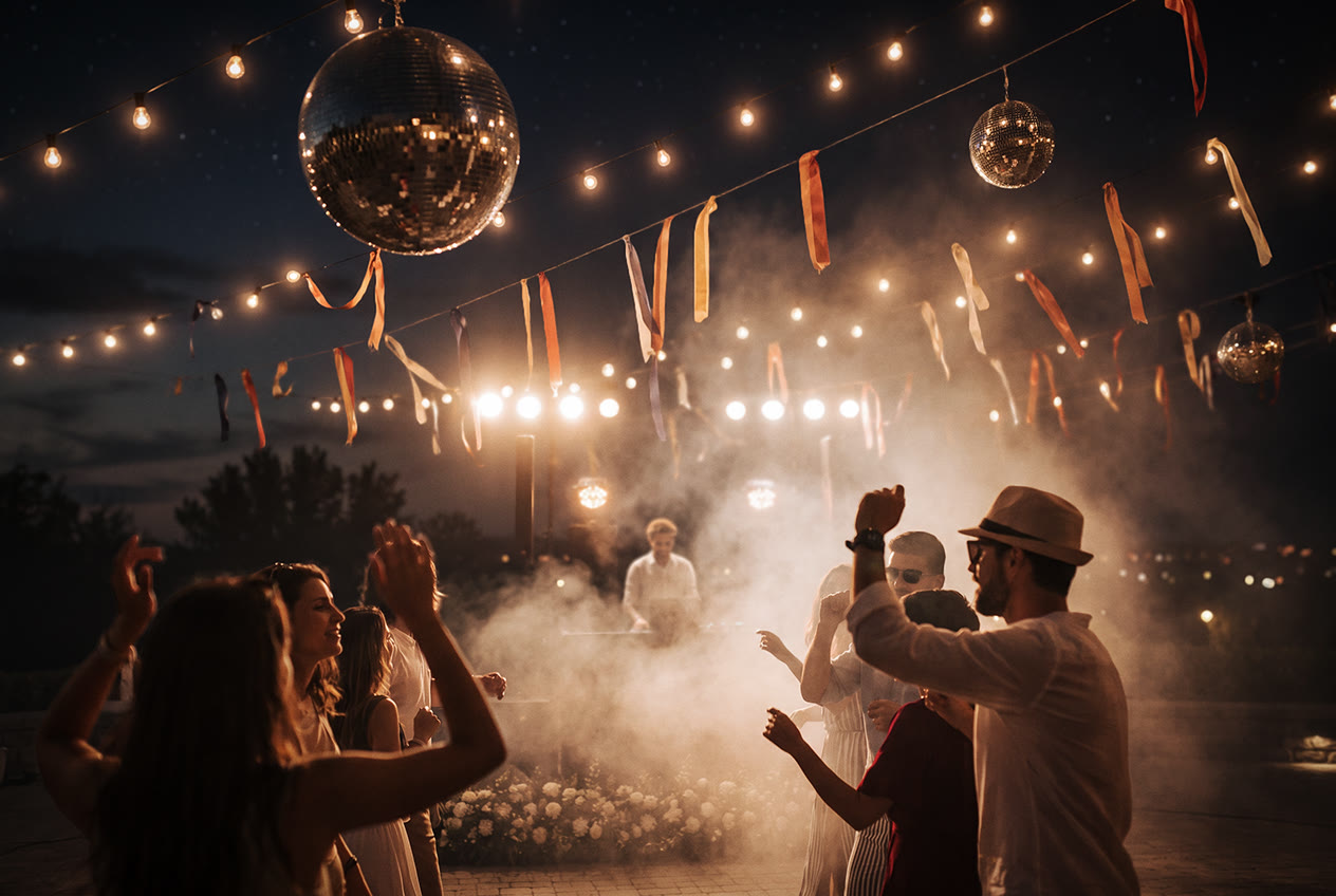 Invitados bailando bajo luces colgantes en una fiesta al aire libre