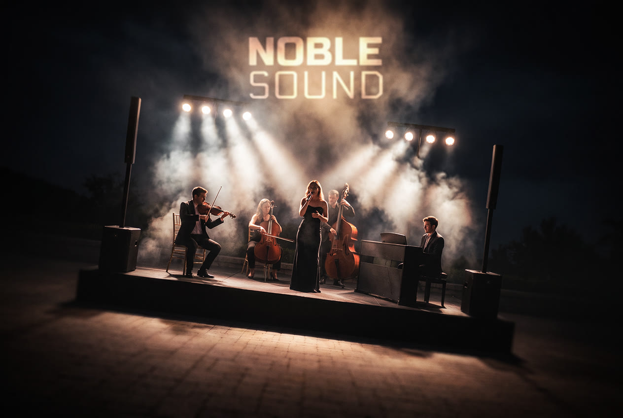 Cuarteto de cuerdas y voz sobre un escenario iluminado por Noble Sound